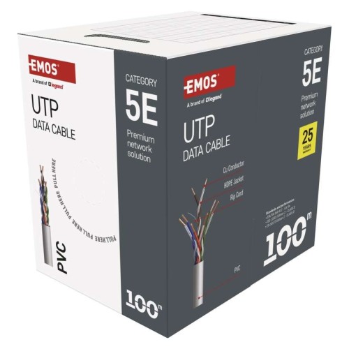 Cavo di rete UTP Cat5e 100m con conduttori in rame puro e guaina PVC grigio EMOS S9141 Cavo di rete UTP Cat5e 100m con conduttori in rame puro e guaina PVC grigio EMOS S9141