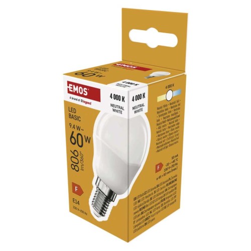 Lampadina LED sfera E14 9.4W con luce naturale 4000K e attacco piccolo a basso consumo energetico