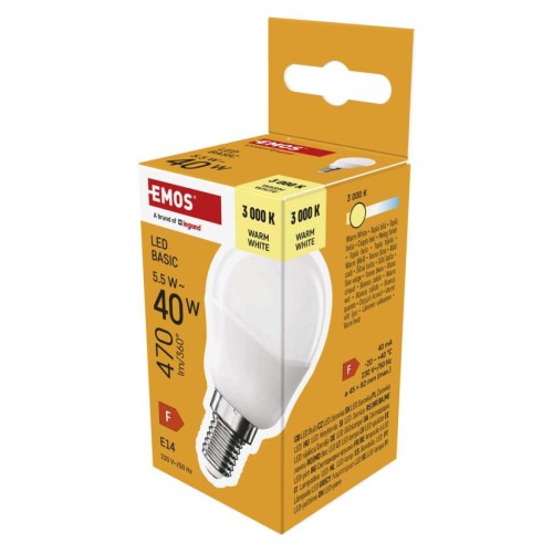 Lampadina LED sfera E14 5.5W con luce calda 3000K e attacco piccolo a basso consumo energetico