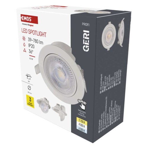 aretto LED da incasso bianco GERI CCT Emos ZV1160 6,5W 780lm orientabile con temperatura colore regolabile 2700K/4000K/6500K