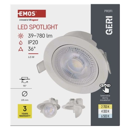 Faretto da incasso bianco GERI CCT 6,5W 780lm orientabile e dimmerabile con 3 temperature colore | Emos ZV1160