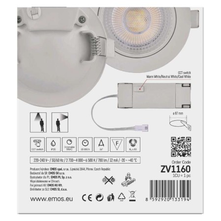Faretto da incasso bianco GERI CCT 6,5W 780lm orientabile e dimmerabile con 3 temperature colore | Emos ZV1160