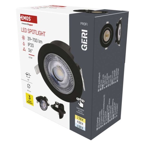 Faretto LED da incasso nero GERI CCT Emos ZV1161 6,5W 780lm orientabile con temperatura colore regolabile 2700K/4000K/6500K
