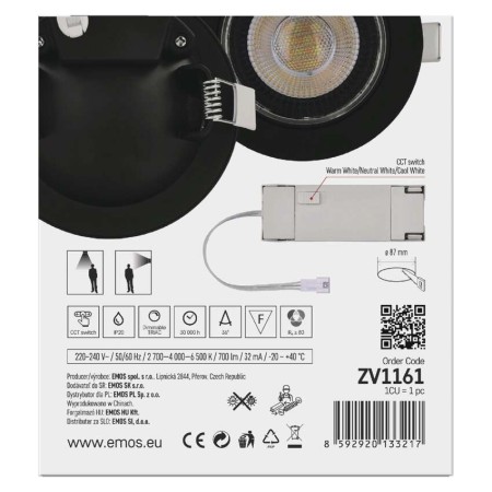 Faretto da incasso nero GERI CCT 6,5W 780lm orientabile e dimmerabile con 3 temperature colore | Emos ZV1161