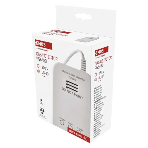 Scatola rilevatore gas EMOS GS869 con descrizione normativa e caratteristiche