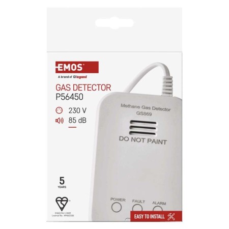 Confezione rilevatore gas EMOS GS869 230V con etichetta rossa di sicurezza