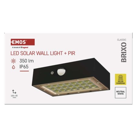 Applique Solare BRIXO LED Nero | Sensore Movimento PIR | 350lm | EMOS ZG162S