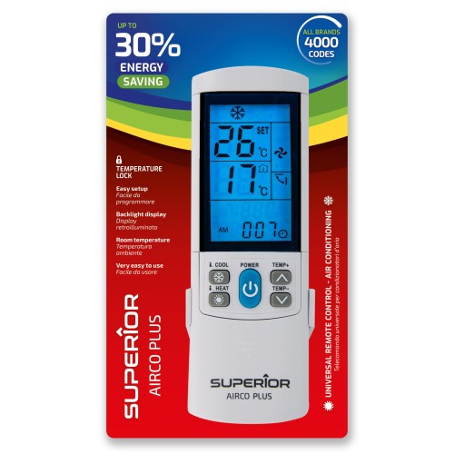 Telecomando universale per climatizzatori AirCo Plus con display retroilluminato e supporto da parete | Superior SUPCU001