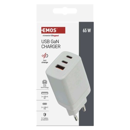 Caricabatterie USB 65W GaN PD 3 Porte USB-C + USB-A Ricarica Veloce | EMOS V05G65
