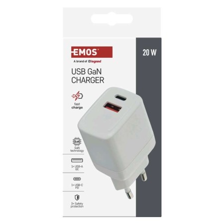 Caricabatterie USB 20W GaN PD QC 2 Porte USB-C USB-A Smartphone Tablet | EMOS V02G20
