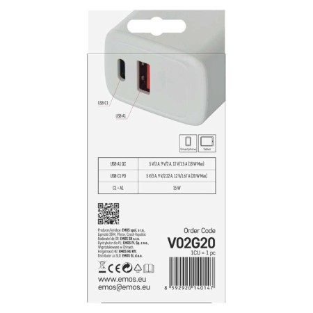 Caricabatterie USB 20W GaN PD QC 2 Porte USB-C USB-A Smartphone Tablet | EMOS V02G20