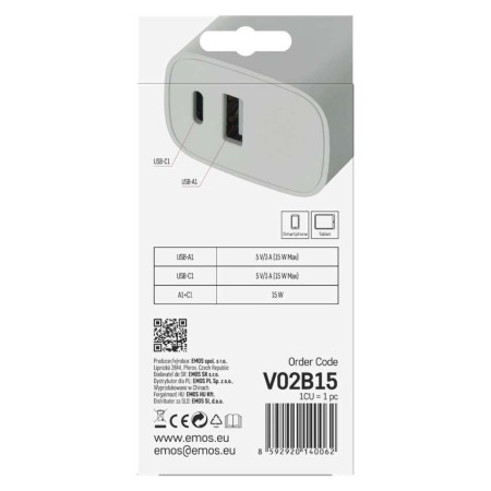 Caricabatterie USB 15W Basic 2 Porte USB-A USB-C Universale Smartphone Tablet | EMOS V02B15