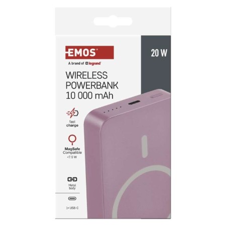 Power bank EMOS Rosa Salmone 10000mAh wireless MagSafe e USB-C 20W, compatto e sicuro per viaggi e smartphone | EMOS B0551S