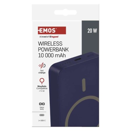 Power bank EMOS Blu 10000mAh wireless MagSafe e USB-C 20W, compatto e sicuro per viaggi e smartphone | EMOS B0551BL