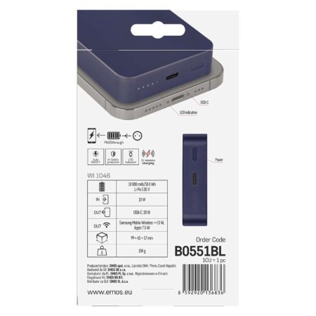 Power bank EMOS Blu 10000mAh wireless MagSafe e USB-C 20W, compatto e sicuro per viaggi e smartphone | EMOS B0551BL