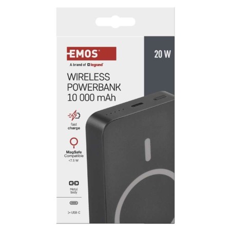 Power bank EMOS Grigio 10000mAh wireless MagSafe e USB-C 20W, compatto e sicuro per viaggi e smartphone | EMOS B0551GY