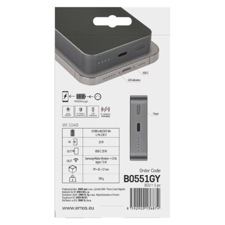 Power bank EMOS Grigio 10000mAh wireless MagSafe e USB-C 20W, compatto e sicuro per viaggi e smartphone | EMOS B0551GY