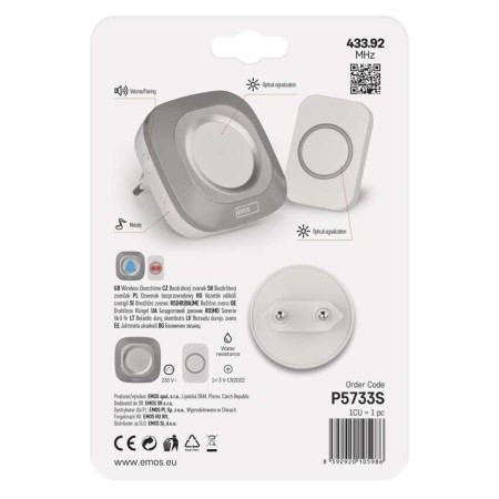 Campanello Senza Fili Quadrato Argento | Luminoso 150mt, 110dB, 36 Melodie | EMOS P5733S