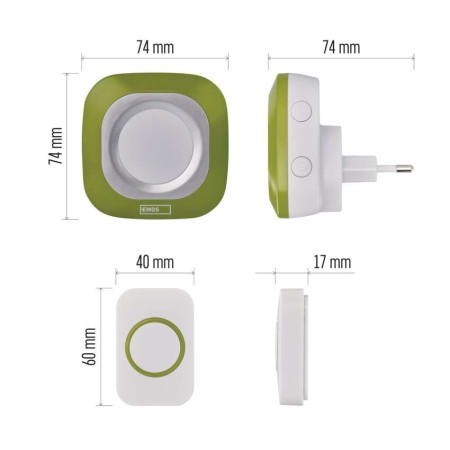 Campanello Senza Fili Quadrato Verde | Luminoso 150mt, 110dB, 36 Melodie | EMOS P5733G