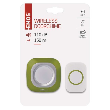 Campanello Senza Fili Quadrato Verde | Luminoso 150mt, 110dB, 36 Melodie | EMOS P5733G