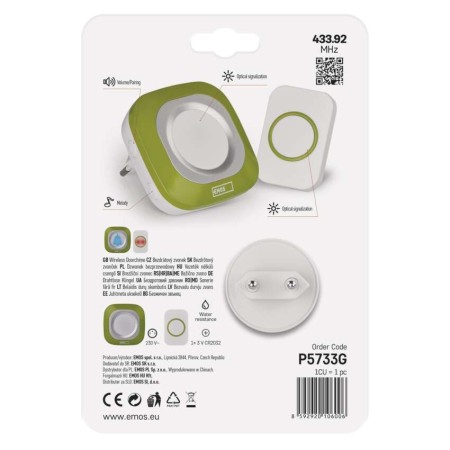 Campanello Senza Fili Quadrato Verde | Luminoso 150mt, 110dB, 36 Melodie | EMOS P5733G