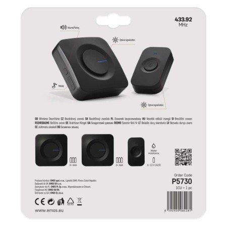 Campanello Senza Fili Nero 180m 52 Melodie 2 Ricevitori | EMOS P5730