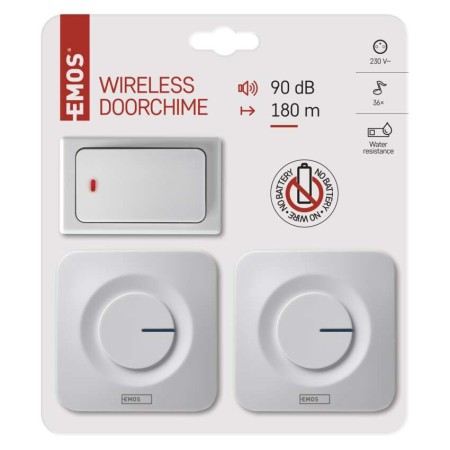 Campanello Senza Fili Bianco 180m 2 Ricevitori Pulsante Senza Batterie | EMOS P5731