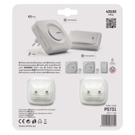 Campanello Senza Fili Bianco 180m 2 Ricevitori Pulsante Senza Batterie | EMOS P5731