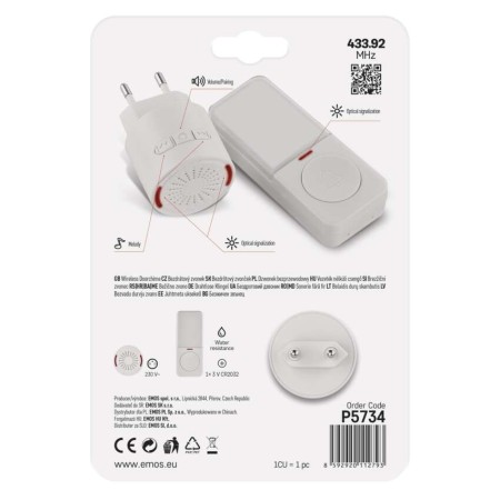 Campanello Senza Fili Tondo Bianco | 150m, 85dB, Pulsante IP56 | EMOS P5734