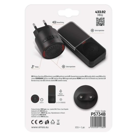 Campanello Senza Fili Tondo Nero | 150m, 85dB, Pulsante IP56 | EMOS P5734B