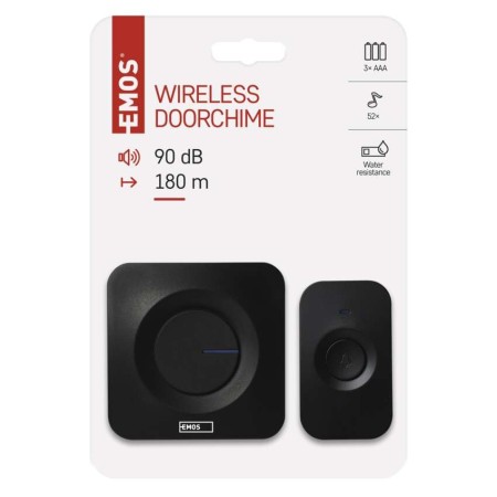 Campanello Senza Fili Nero Quadrato | 180m, 90dB, 52 Melodie, Alimentazione a Batterie | EMOS P5728