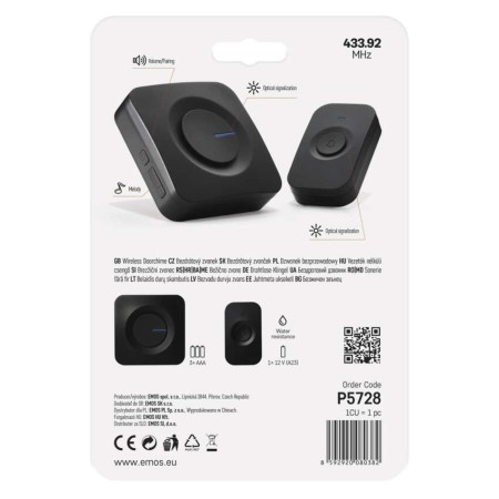 Campanello Senza Fili Nero Quadrato | 180m, 90dB, 52 Melodie, Alimentazione a Batterie | EMOS P5728