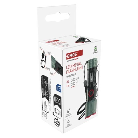 Torcia LED Ricaricabile USB 300 Lumen Zoom Calamita Alluminio 63g | EMOS P3120