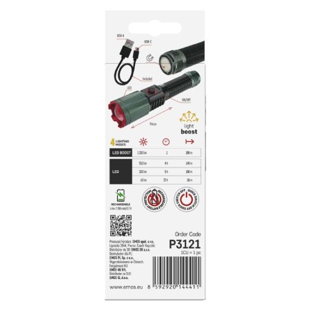 Torcia LED Ricaricabile Potente 1200 Lumen Powerbank USB Zoom Alluminio | EMOS P3121