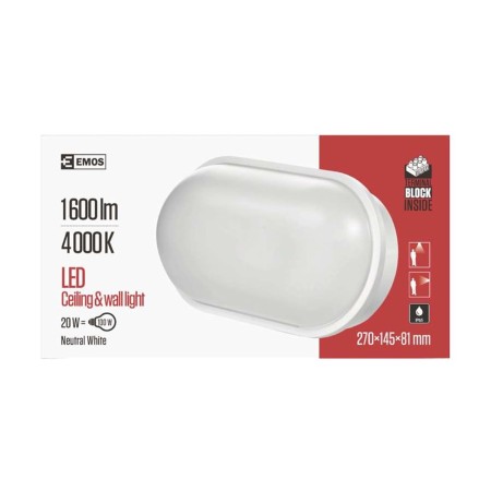 PLAFONIERA LED STAGNA OVALE BIANCA 20W 4000K 1600LM IP65 EMOS ZM3020