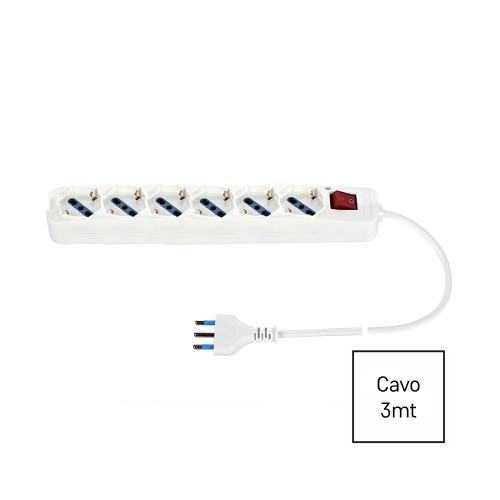 Multipresa Bianca 6 Posti con Interruttore, 6 Universali Cavo 3m | Ecova 30351N