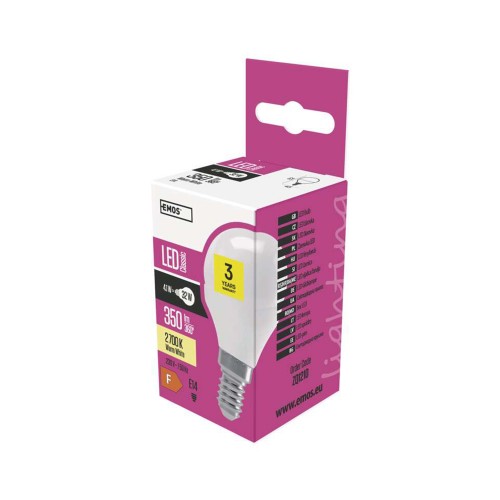 LAMPADINA LED SFERA 4W E14 2700K 350LM EMOS ZQ1210
