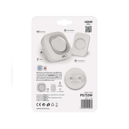 CAMPANELLO SENZA FILI QUADRATO LUMINOSO 150MT 110DB EMOS P5733W