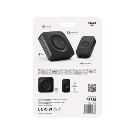 Campanello Senza Fili Nero Quadrato 180mt 90dB | Alimentazione a Batterie | EMOS P5728