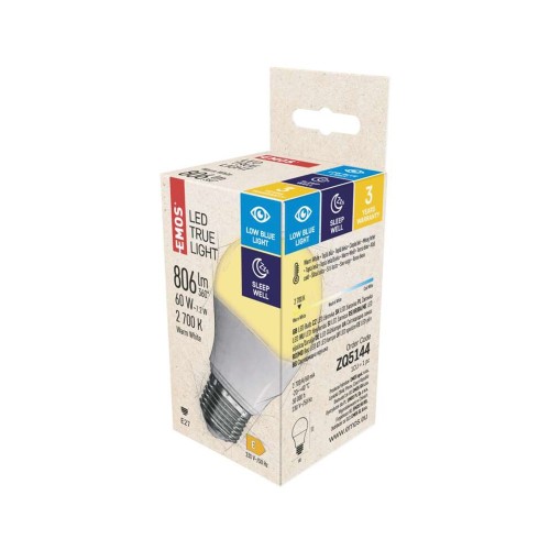 Lampadina LED E27 7.2W (60W) 2700K goccia filtro luce blu True Light ZQ5144