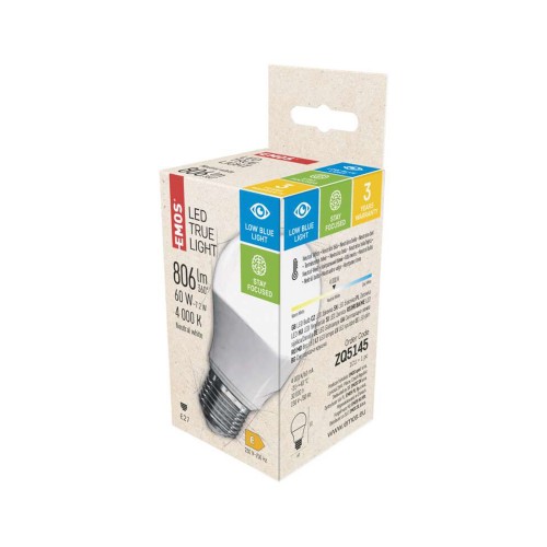 Lampadina LED E27 7.2W (60W) 4000K goccia filtro luce blu True Light ZQ5145