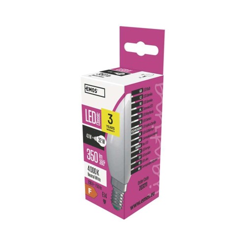 LAMPADINA LED OLIVA 4.1W (32W) E14 4000K 350LM EMOS ZQ3211
