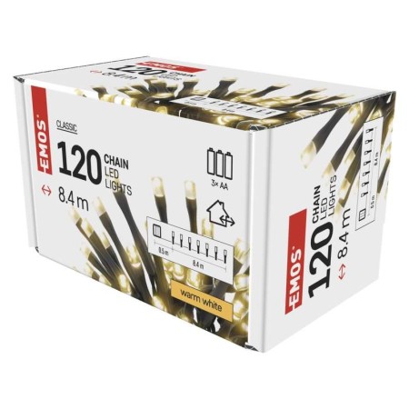 CATENA LUMINOSA 120 LED LUCE BIANCA CALDA A BATTERIE 8,4MT IP44 INTERNO ESTERNO