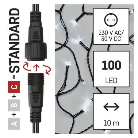 CATENA LUMINOSA 100 LED LUCE FREDDA 10MT CONNECT SYSTEM INTERNO ESTERNO EMOS D1AC03