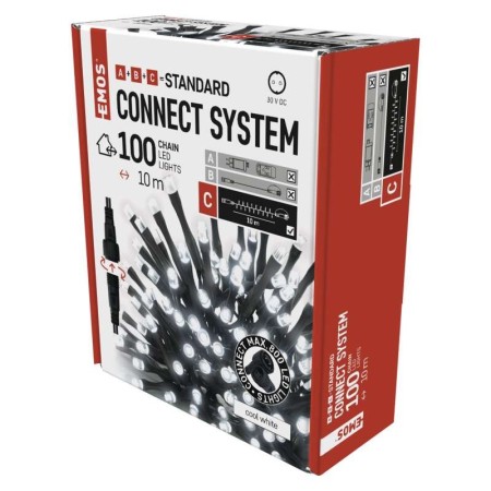 CATENA LUMINOSA 100 LED LUCE FREDDA 10MT CONNECT SYSTEM INTERNO ESTERNO EMOS D1AC03