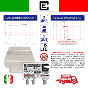Amplificatore TV 30dB con filtro Lte 5G, 1 uscita, Elettronica Cusano ASS30-UUREG 2