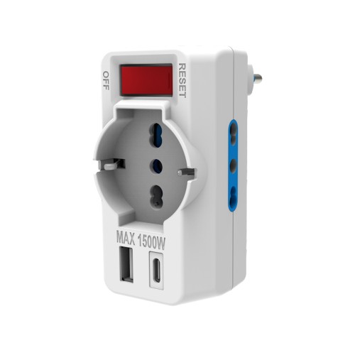 Adattatore Triplo con Prese Bivalenti, Schuko e USB