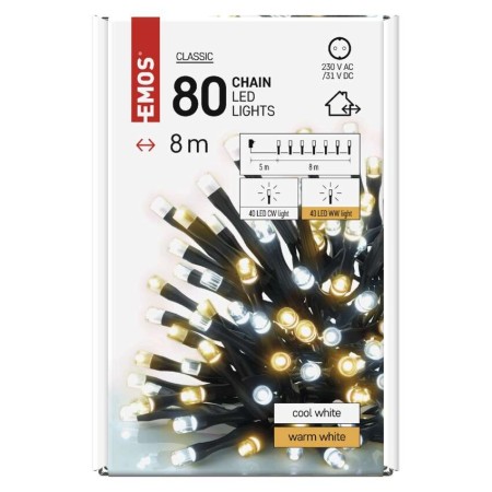 Catena Luminosa 80 LED Fissi 40 Caldi 40 Freddi, 8m, Esterno, Timer | Emos D4AN04
