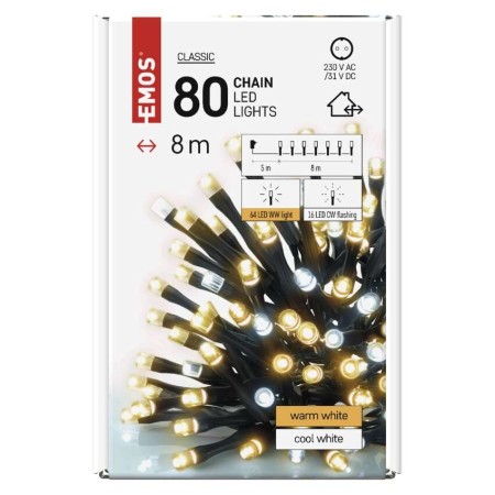 Catena Luminosa 80 LED: 64 caldi fissi e 16 freddi lampeggianti, 8m, Timer, Esterno | Emos D4AN01