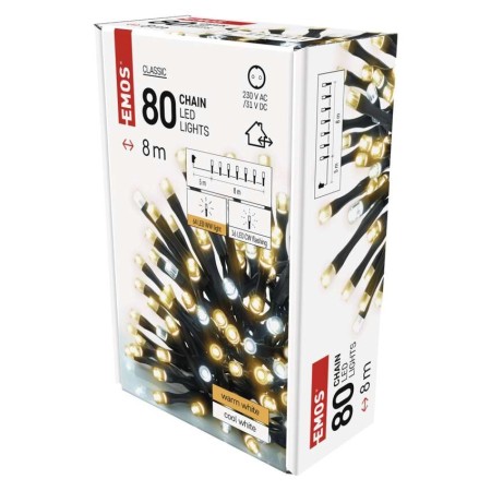 Catena Luminosa 80 LED: 64 caldi fissi e 16 freddi lampeggianti, 8m, Timer, Esterno | Emos D4AN01